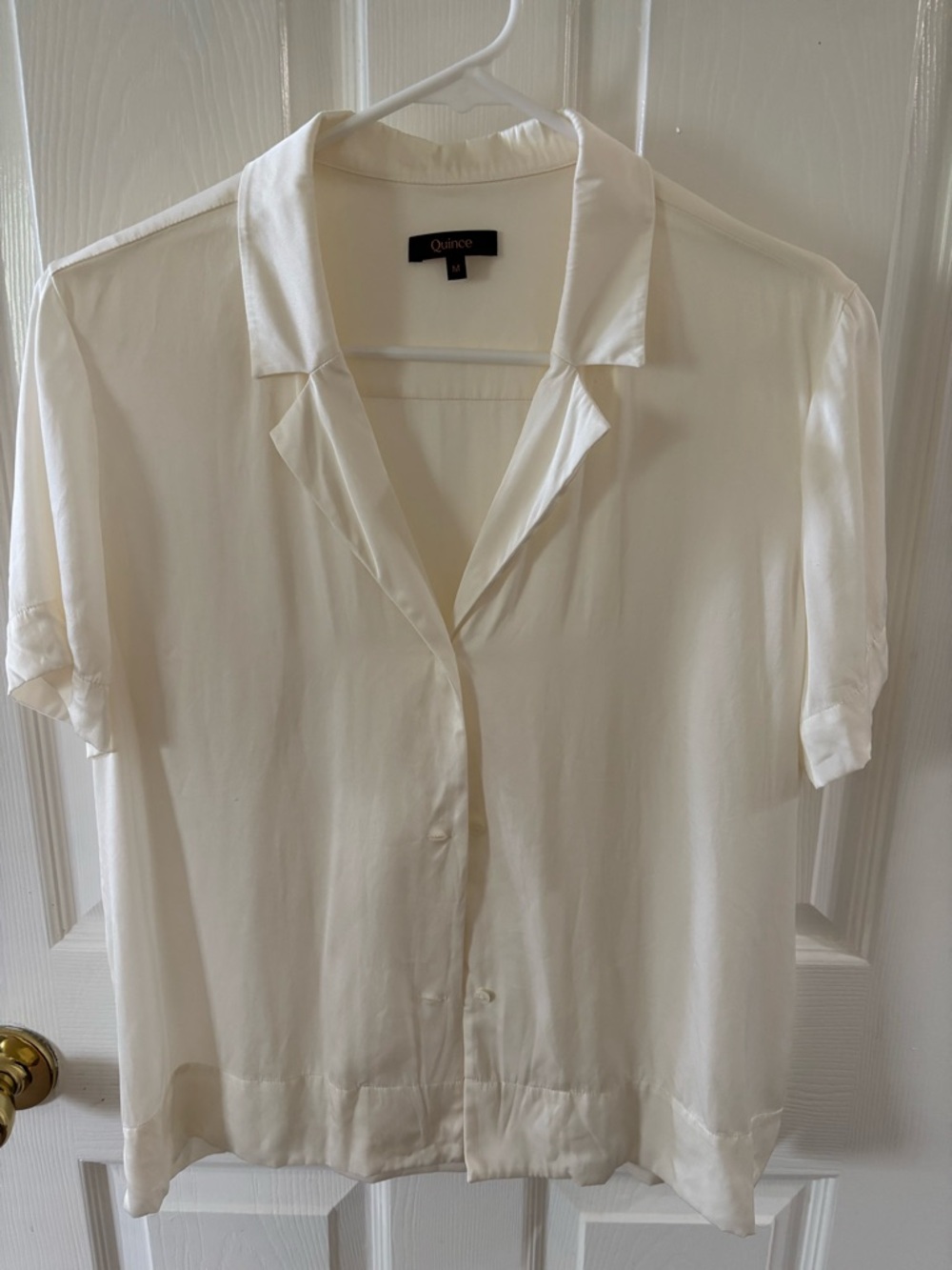 Quince Washable Stretch Silk Short Sleeve Notch Collar Blouse Cream/Ivory M